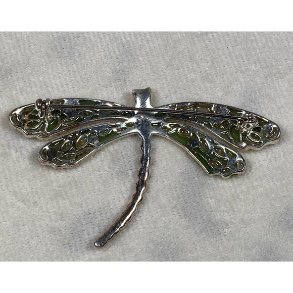Vintage Dragonfly Pin Brooch Silvertone Light Blue Clear Rhinestone Green Enamel - Picture 6 of 10